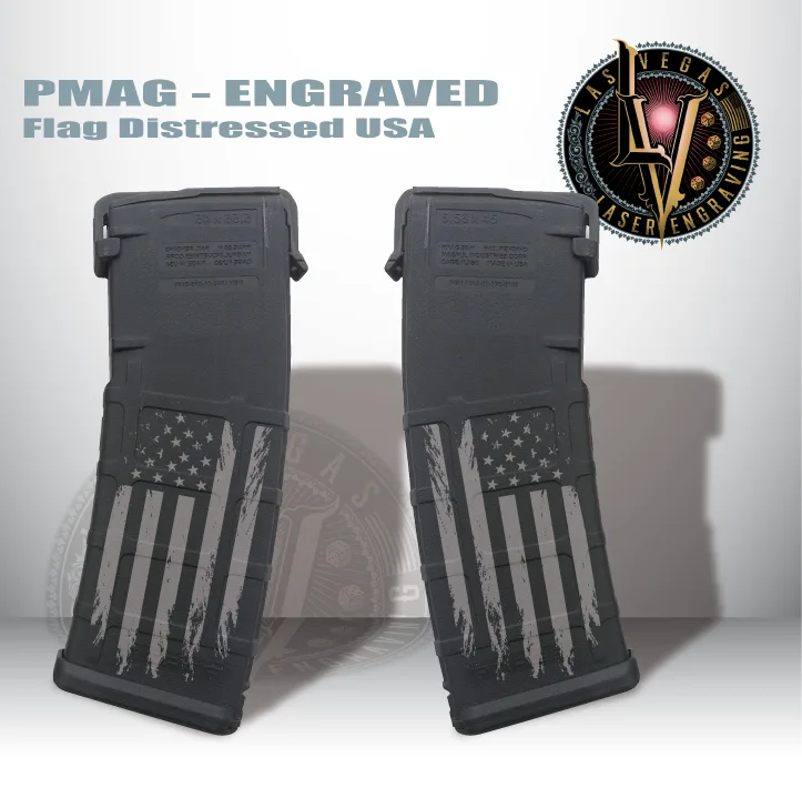 Custom Engraved PMAG Magazine – Distressed USA Flag 1 Engraved Pmag