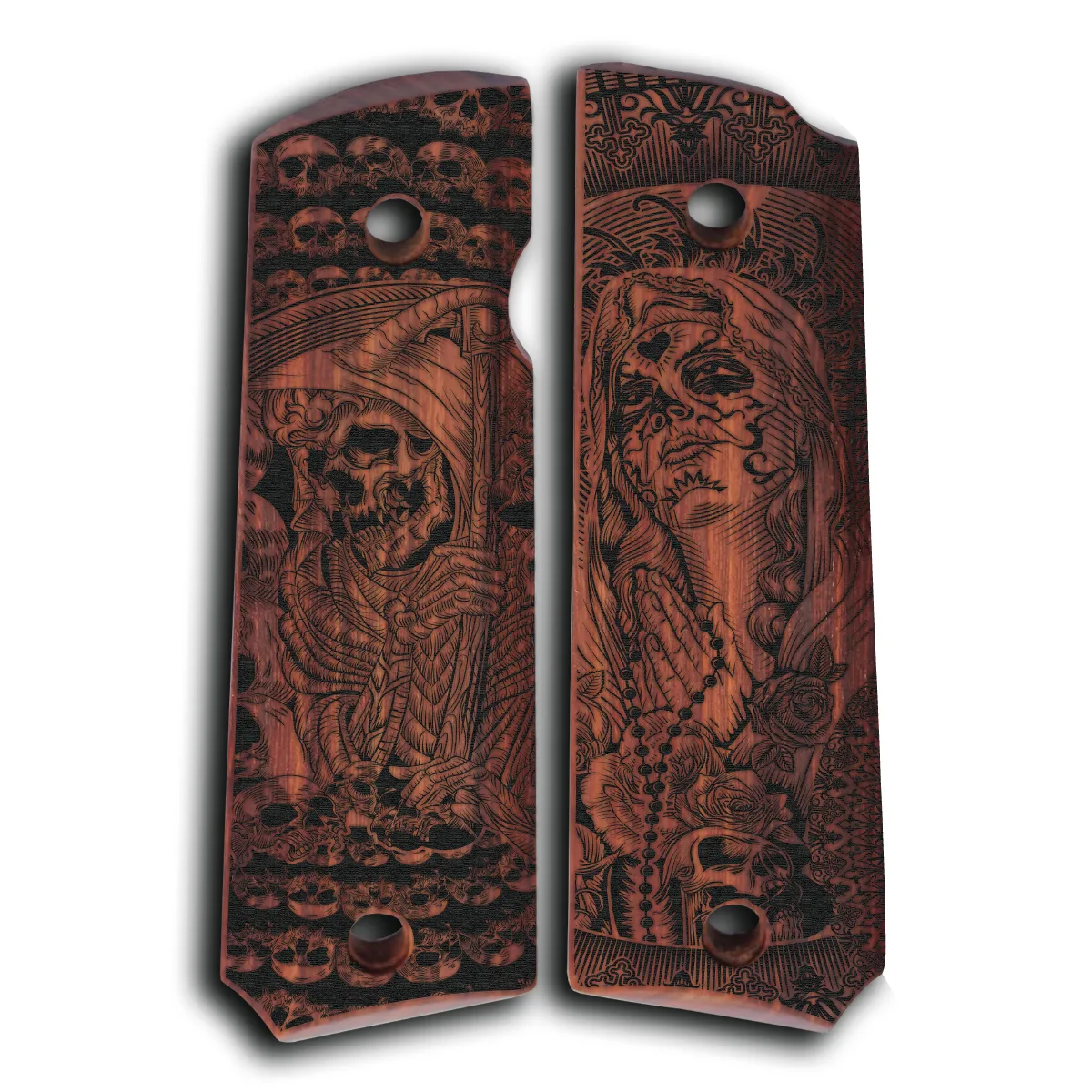 Custom Laser Engraved 1911 Wood Grips - Scythe and Prayer 1 Custom Engraved 1911 Grips