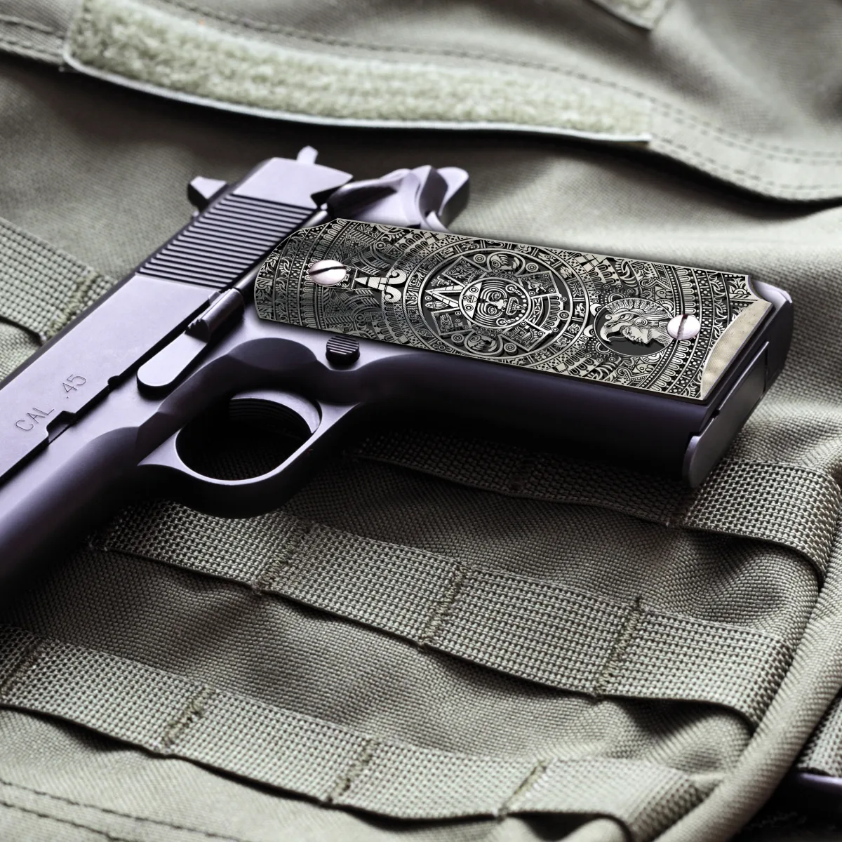 Custom Laser Engraved 1911 Aluminum Grips - Ancient Aztecs 3 Laser Engraved Aztec 1911 Grip