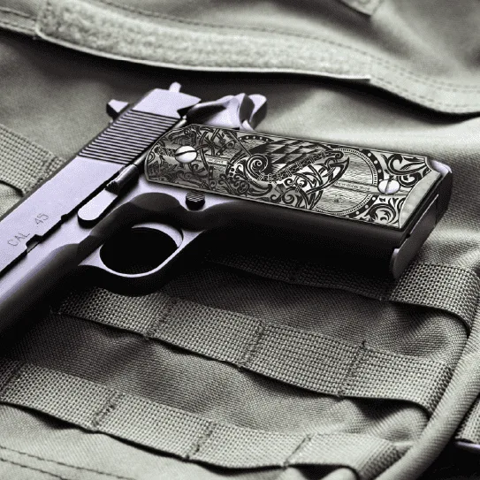 Custom Laser Engraved 1911 Aluminum Grips - Shield and Warrior 3 Custom Laser Engraved 1911 Aluminum Grips - Shield and Sword